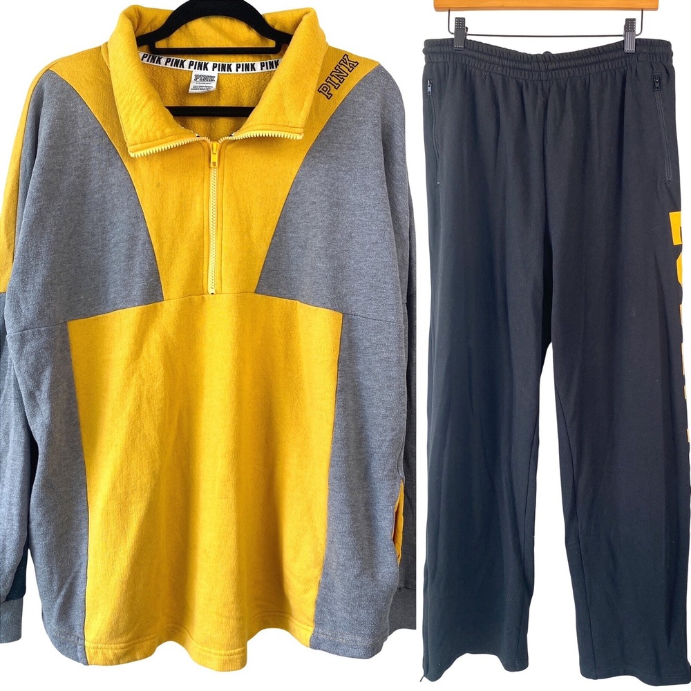 Pink Victorias Secret Womens Tracksuit L Yellow Black Colorblock Sweat Set Y2K